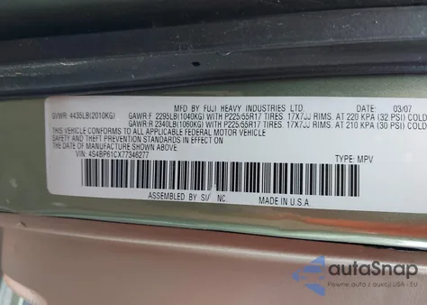 2007 Subaru Outback 2.5I/2.5I Basic/2.5I L.l. Bean Edition from USA, damaged, VIN 4S4BP61CX77346277